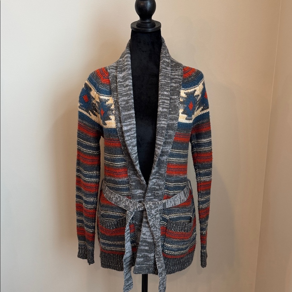ROXY Aztec boho sweater cardigan with pockets Grey red navy sz Small